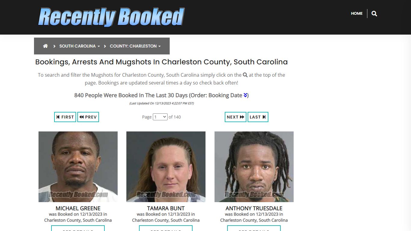 Bookings, Arrests and Mugshots in Charleston County, South Carolina